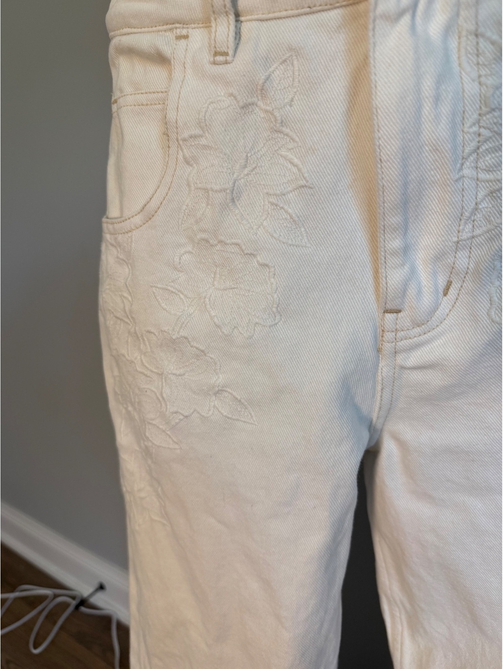 MNG by Mango Women's White Straight Jeans with Embroidered Floral Detail